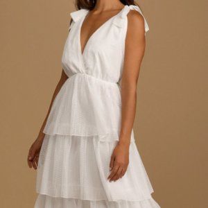 Lulu's White Swiss Dot Tiered Tie-Strap Midi